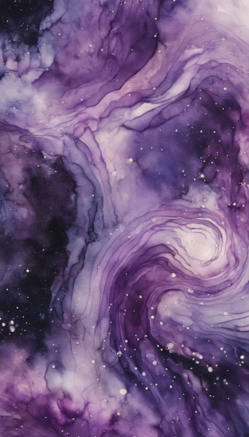 Estratto acquerello di un vorticoso mix di viola chiaro e scuro raffigurante una stampa galattica