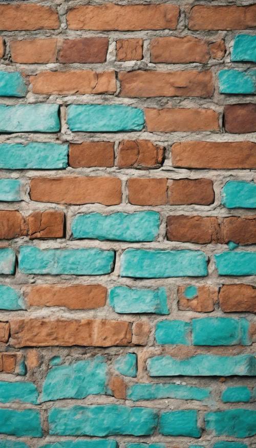 Uma imagem de alta resolução de uma parede de tijolos de cor azul-petróleo sob o sol brilhante do meio-dia.