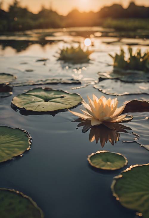 日落时分，一片棕褐色的睡莲漂浮在池塘上。