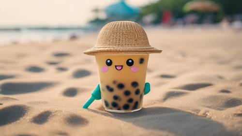 An adorable bubble tea mascot wearing a fashionable straw hat at the beach.