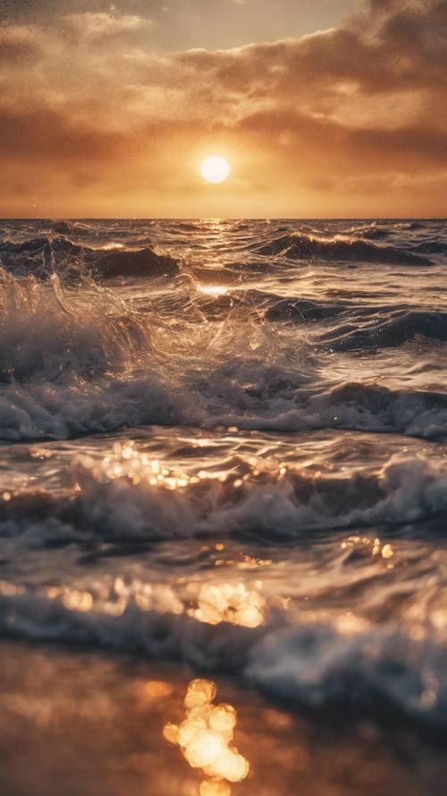 Ein atemberaubender Sonnenuntergang mit der Meeresoberfläche, die wie Goldglitzer funkelt