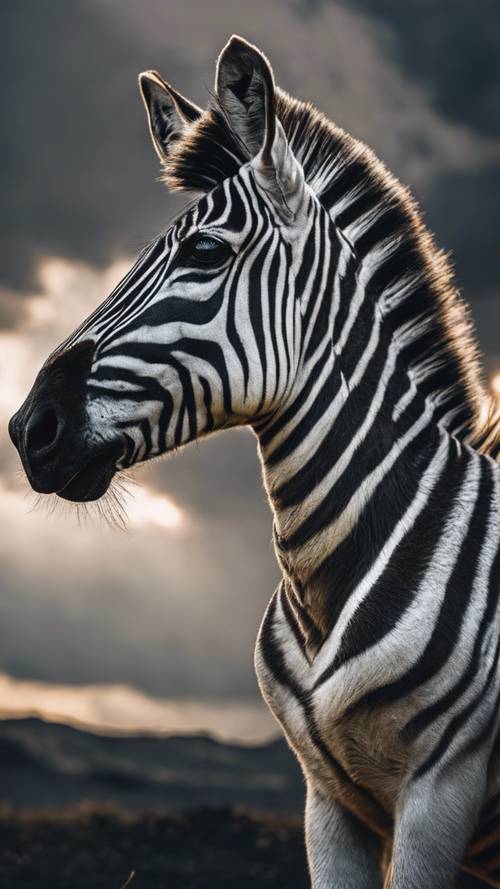 A zebra under a stormy sky, its white stripes gleaming against the dark environment.