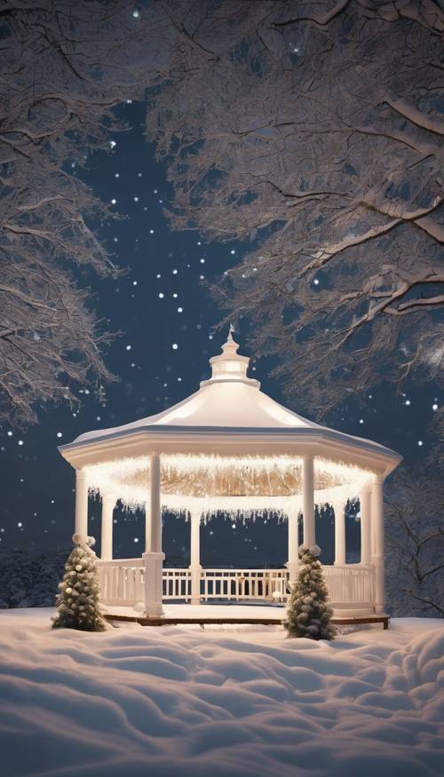 Un tranquillo scenario all&#39;aperto con un gazebo bianco splendidamente decorato e ricoperto di scintillanti luci natalizie, in una notte innevata e illuminata dalla luna.