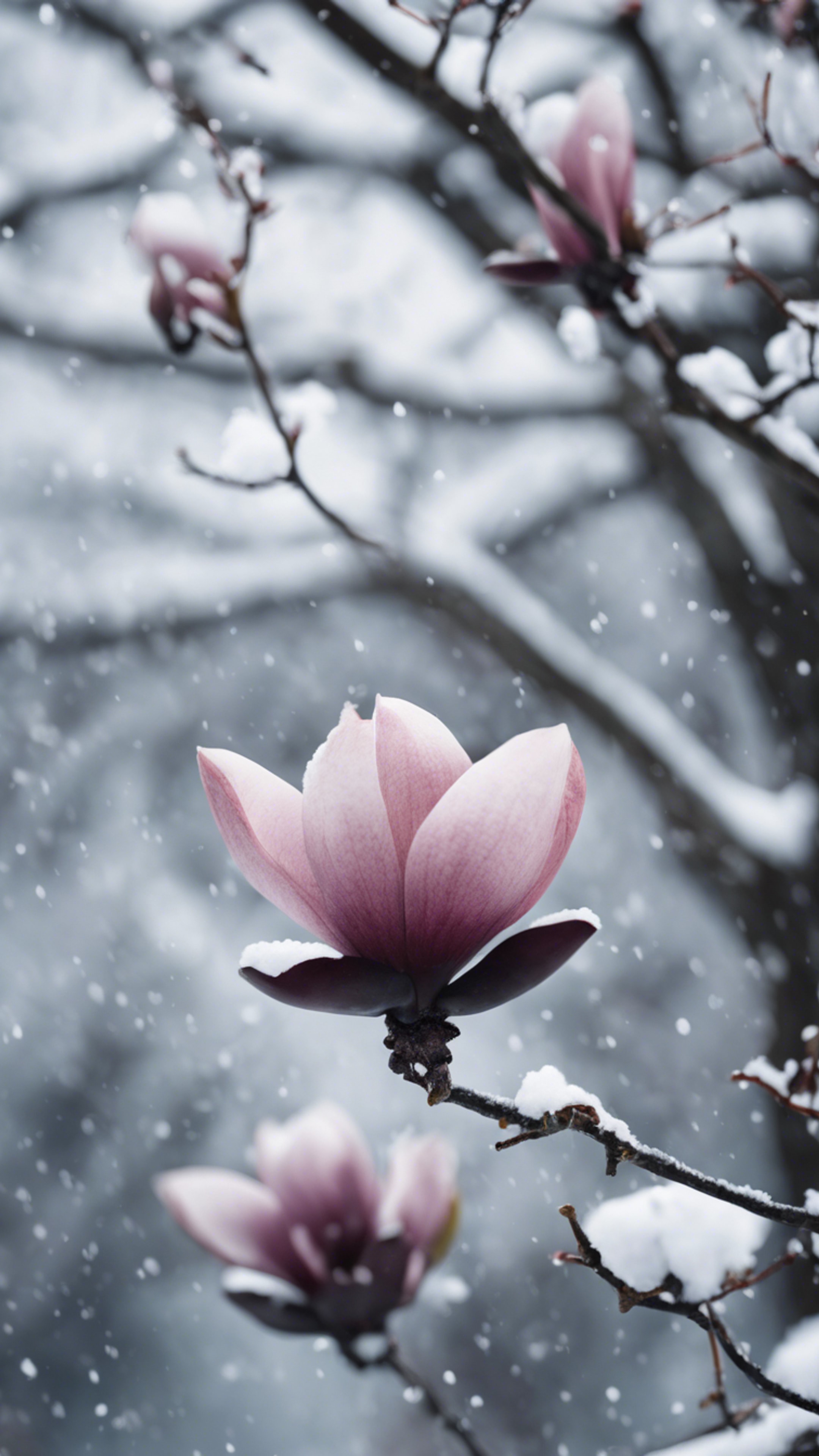 Stunning contrast of a black magnolia against a snowy landscape during winter's final throes.壁紙[4441f21c3cea44b8aa68]