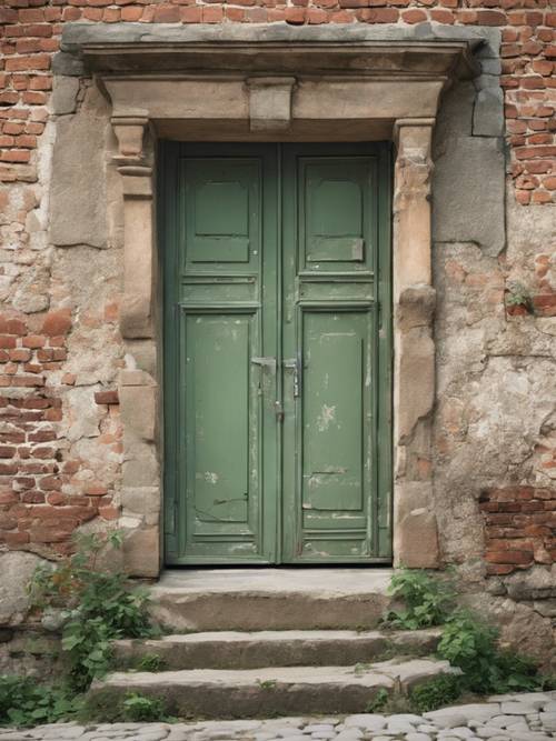 Una encantadora puerta rústica de color verde salvia en un antiguo edificio de ladrillo en Europa.