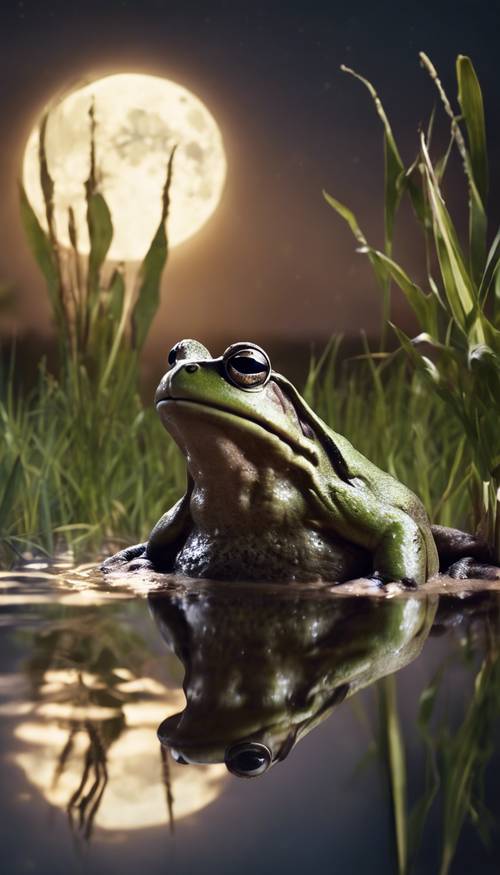 A handsome brownish male bullfrog croaking loudly in a swamp under the full moon.