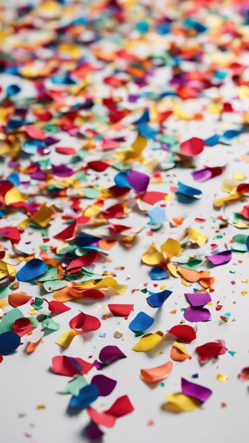 A close-up of multicolored confetti scattered on a white table top under bright sunlight.