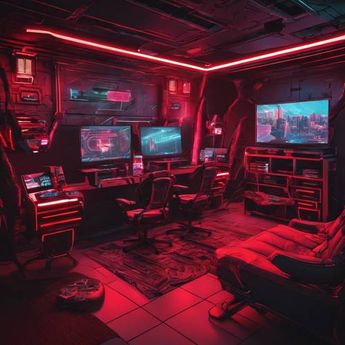 A red and black themed gaming room with high-tech equipment and LEDs outlining the furniture.