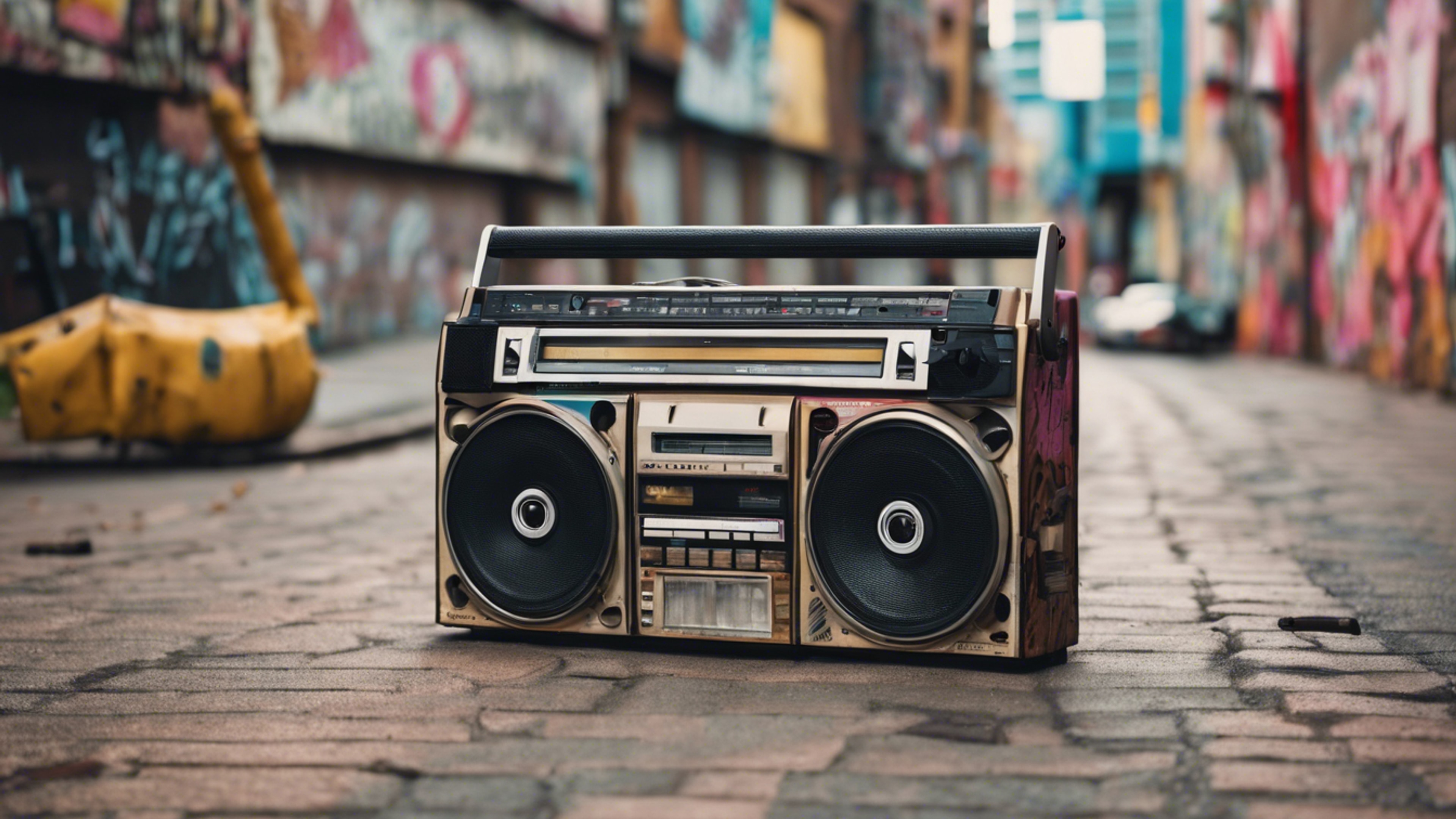 An old school 80s boombox playing cassette tapes on a graffitied street. Tapet[63e13512f9e44708b5c0]