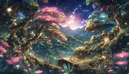An anime depiction of an enchanted forest under a starlit sky, with shimmering fairies flitting around.