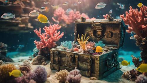 An underwater scene displaying a whimsical world of vibrant coral reef, shimmering schools of fish and a sunken pirate treasure chest.