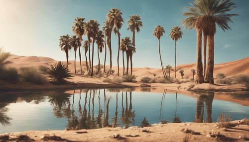 A desert scene featuring a small oasis, surrounded by palm trees and a reflection of the desert sky on its calm water.