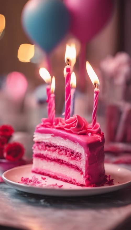 A cute, hot pink heart-shaped birthday cake on a table.