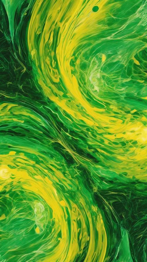 An abstract painting featuring energetic swirls of green and yellow.