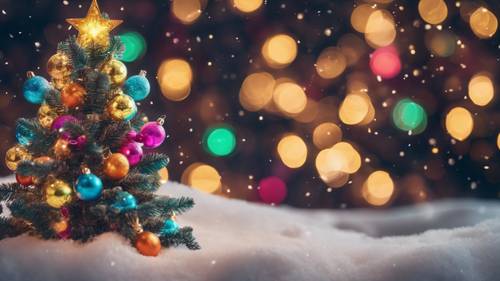 Pohon Natal yang bersinar dengan lampu dan ornamen berwarna berdiri tegak dengan latar belakang bersalju.