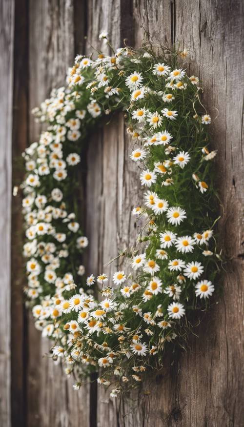 A daisy wreath hanging on a rustic wooden door in the countryside.
