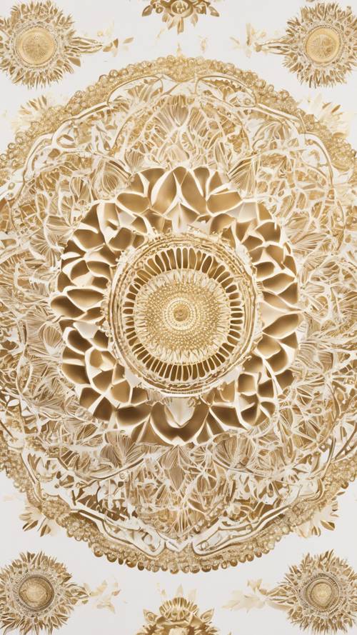 Um padrão de mandala dourada impressa em papel branco marfim