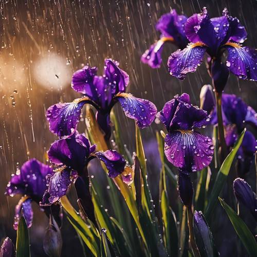 Ciemnofioletowe kwiaty irysa w deszczu, kropelki łapią światło.