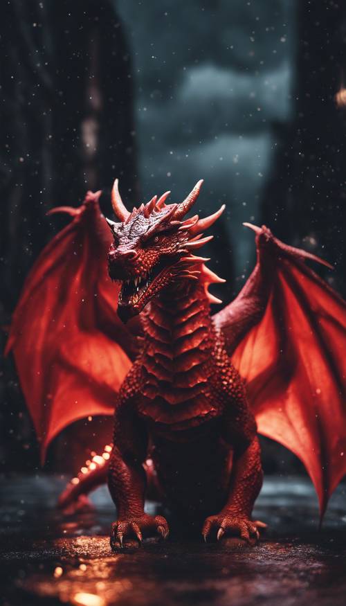 Un dragon rouge féroce planant dans une nuit sombre et nuageuse. Fond d&#39;écran [1588a010039a469c845d]