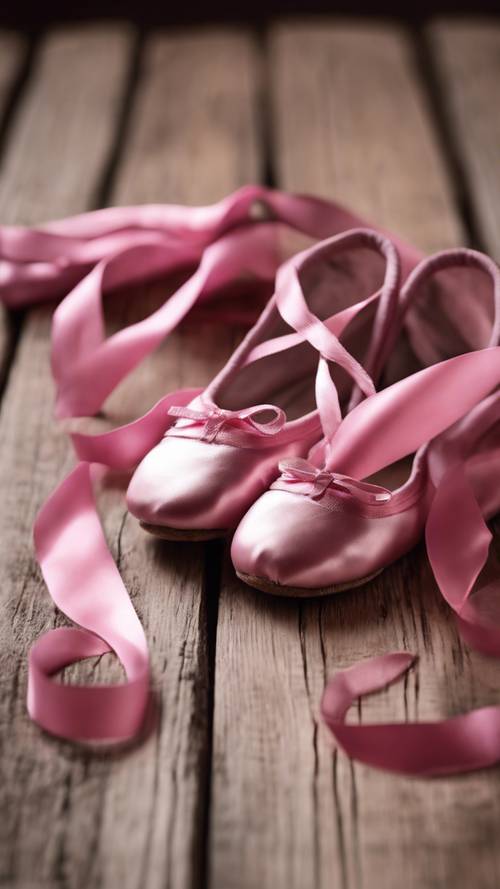 รองเท้าบัลเล่ต์สีชมพูเข้มอันละเอียดอ่อนพร้อมริบบิ้นผ้าซาตินบนพื้นไม้ขัดเงาภายใต้แสงอันนุ่มนวล