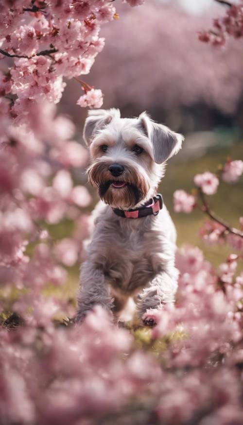 엄청나게 귀여운 핑크색 슈나우저 강아지가 벚꽃나무 아래에서 꼬리를 쫓고 있습니다.