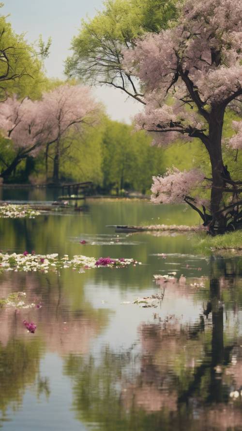 A serene park during spring, full of blooming flowers, bustling wildlife, and a calm lake mirroring the clear sky.