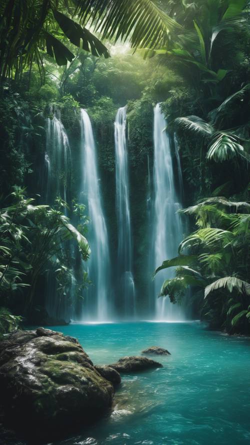 ジャングルに広がる美しい青い滝の壁紙　