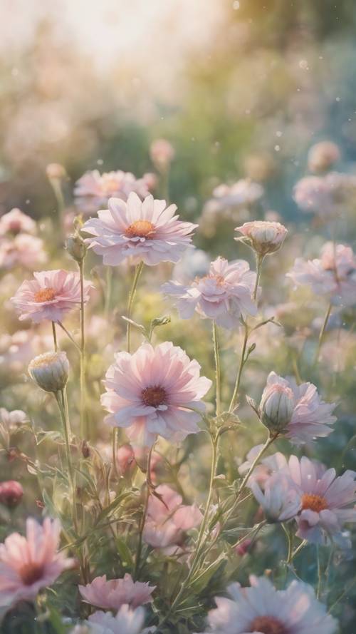 A pastel watercolor painting of summer flowers in bloom.