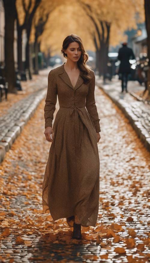 Элегантная женщина в винтажном платье идет по старинной мощеной улице посреди падающих осенних листьев.