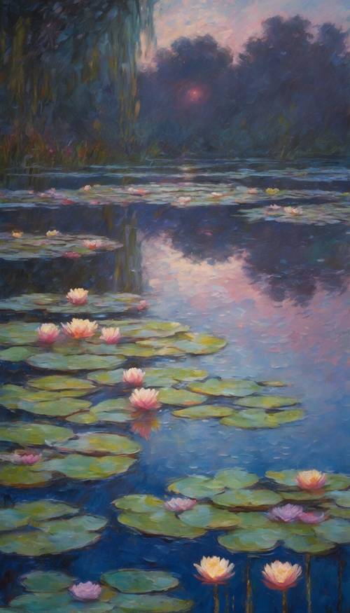 Ein von Monet inspiriertes impressionistisches Gemälde von Seerosen in der Dämmerung.