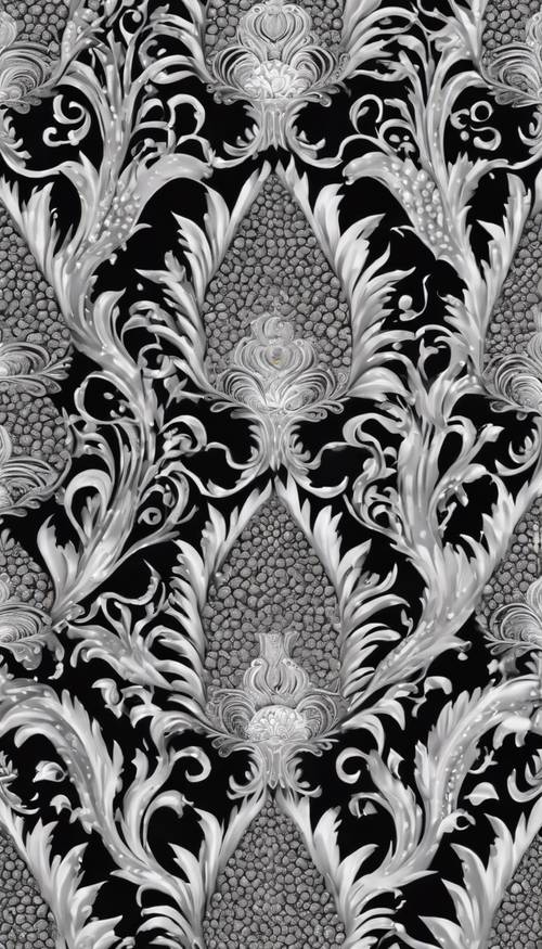 Un motivo piastrellato di pavoni in stile damasco, mostrato a metà chiamata, in argento e nero.