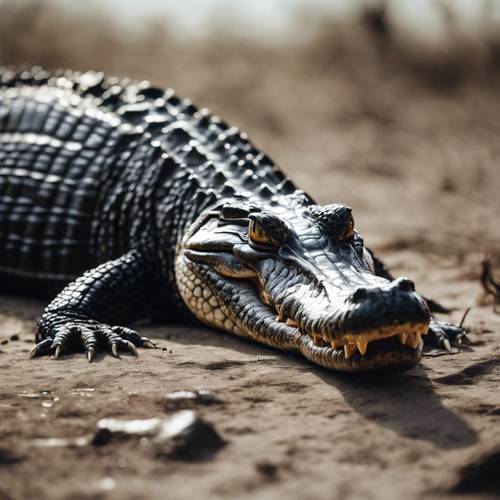 A lonely, injured black crocodile showing determination in its eyes, struggling to survive.