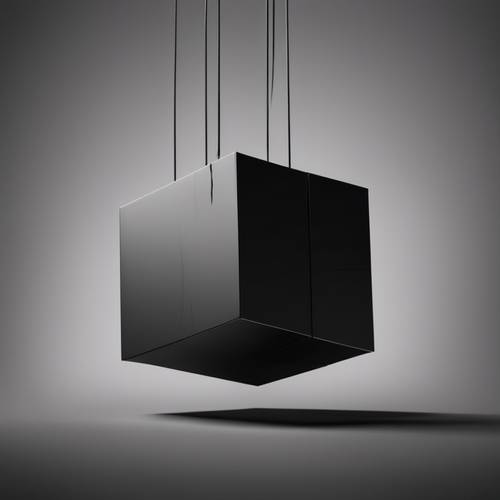 Simplicité audacieuse d’un cube noir et minimaliste suspendu dans un vide noir.