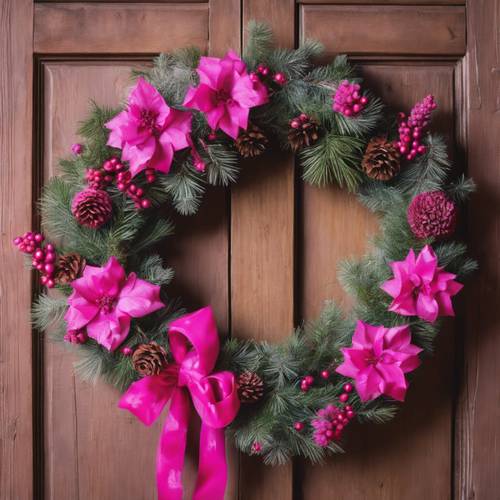 A vibrant pink Christmas wreath hanging on a rustic wooden door.