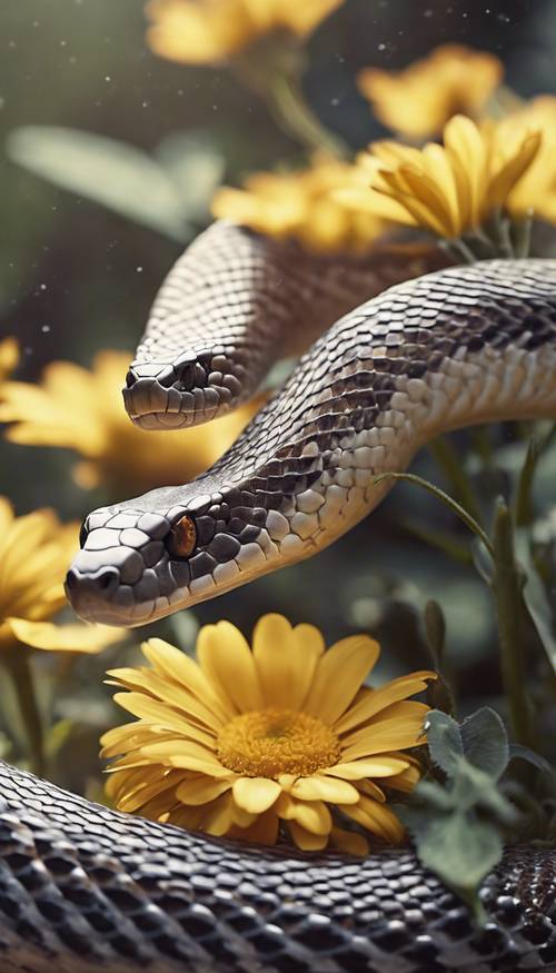 Cute snake with daisy flower patterns basking in the sun.