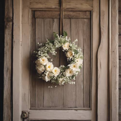 Una corona floreale color crema appesa a una porta di legno rustica che accoglie l&#39;inizio della primavera.