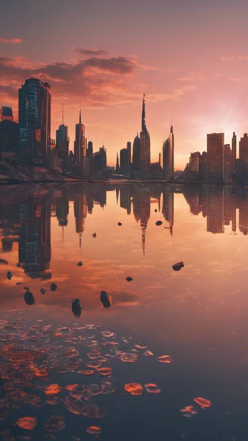 Tętniąca życiem i futurystyczna panorama miasta odbijająca się o spokojnej, szklistej rzece o zachodzie słońca.