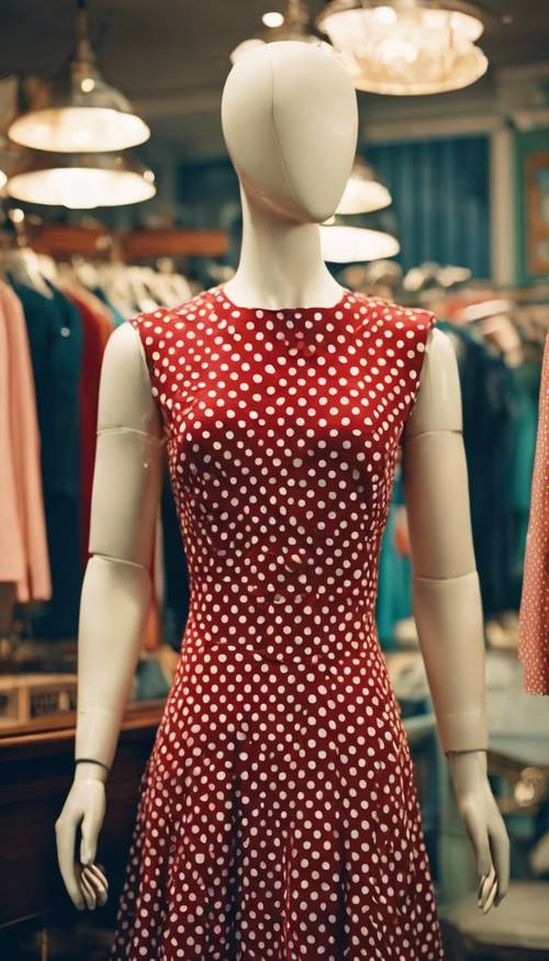 שמלת נקודות רטרו אדומה על בובת ראווה בחנות בגדי וינטג&#39;