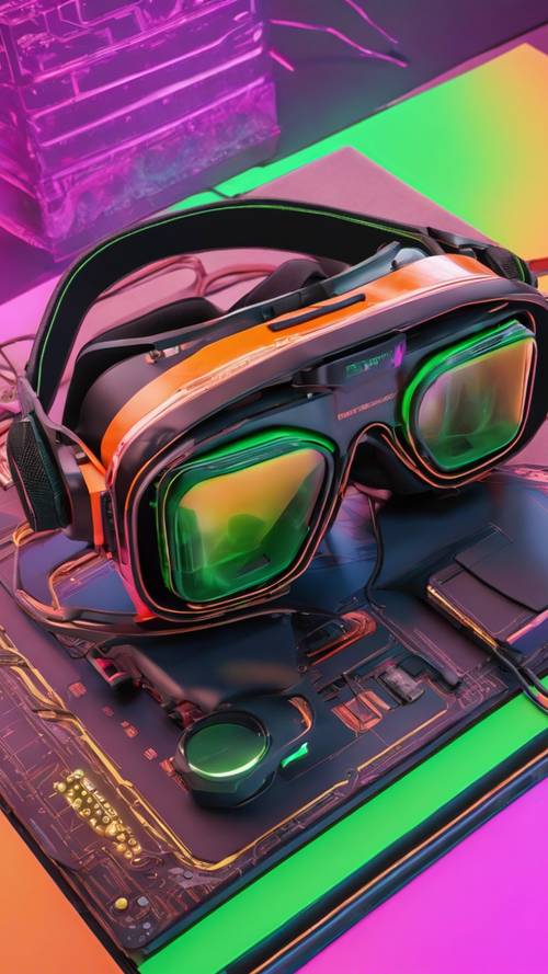 Un paio di occhiali per realtà virtuale arancioni e verdi su una scrivania da gioco piena di tecnologia.