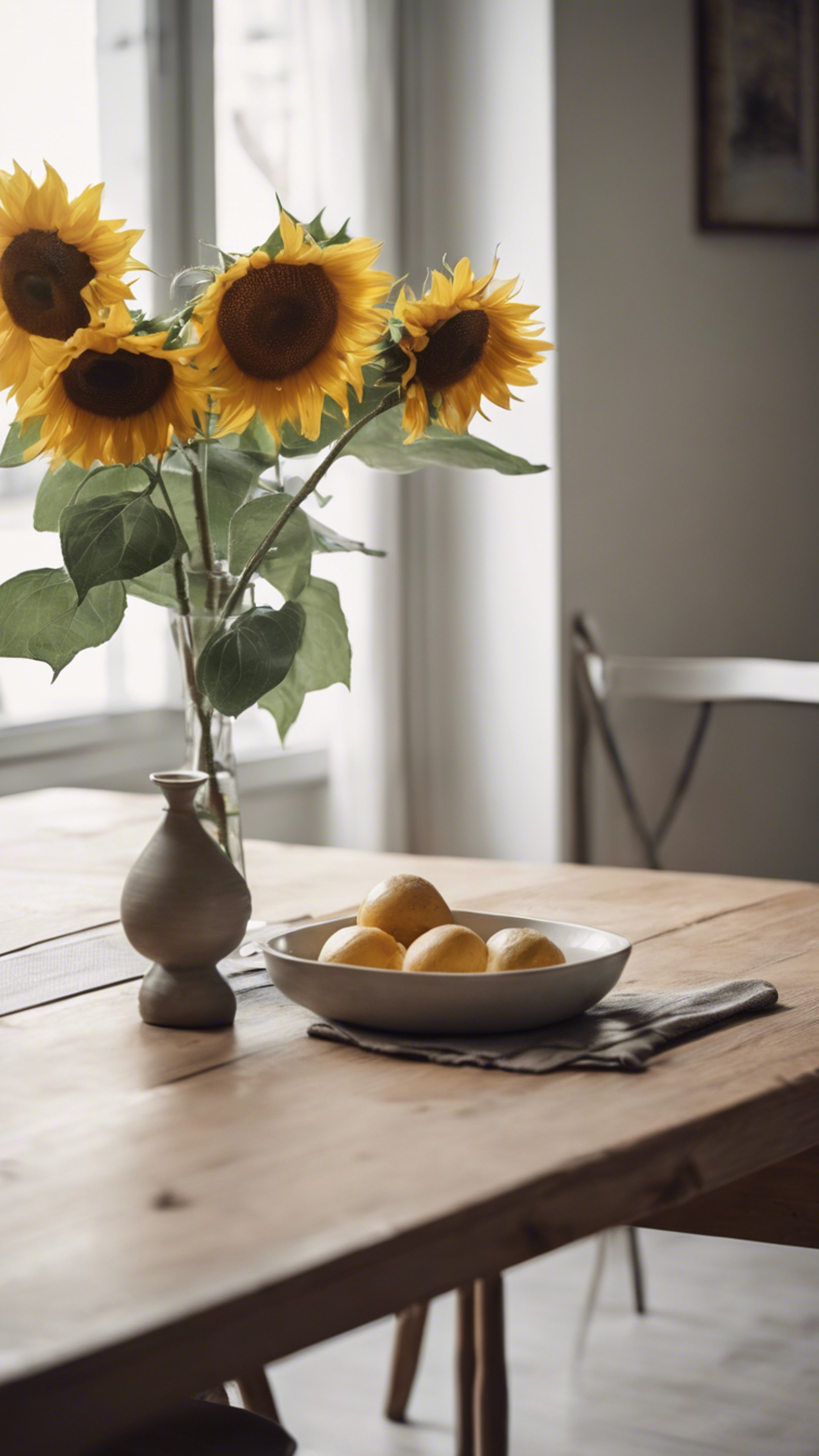 A minimalist dining area with a wooden table, set with simple china and a vase of sunflowers. Sfondo[7db5290c1b5a4d25ba08]