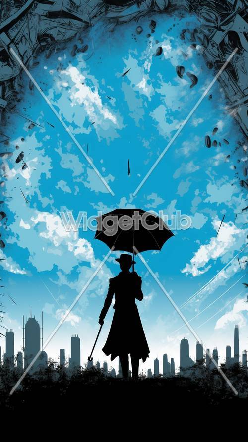 푸른 하늘 아래 우산을 들고 모자를 쓴 남자