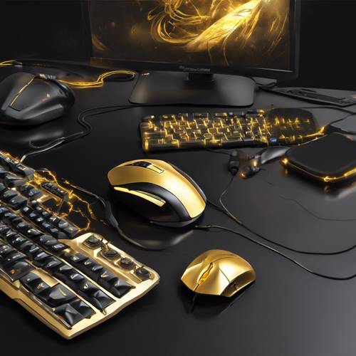 Una natura morta con tastiera dorata, mouse da gioco e cuffie luminose su una scrivania da gioco nera.