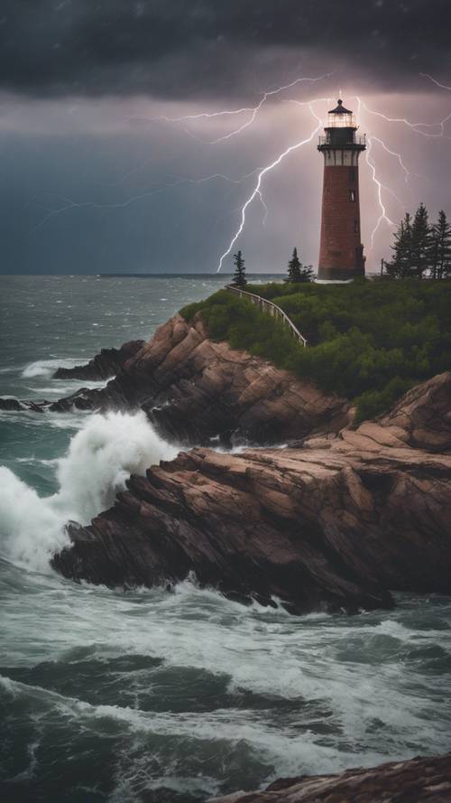 Charming lighthouse on Michigan's rugged coastline during a stormy evening, lightning streaking across the dramatic sky.