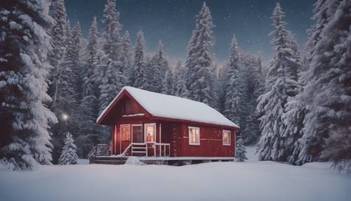A traditional red wooden cabin nestled amongst frosted pine trees during a relaxed winter evening.