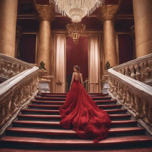 Elegancka dama w szkarłatnej sukni balowej schodzi po wielkich schodach.