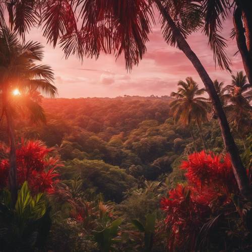 A landscape view of a tropical jungle at sunset with the sky ablaze in hues of red, orange, and pink.