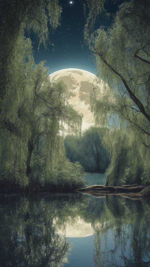 Una imagen fascinante de la luna reflejada en el agua serena de un lago cristalino en el bosque, enmarcada por sauces llorones.