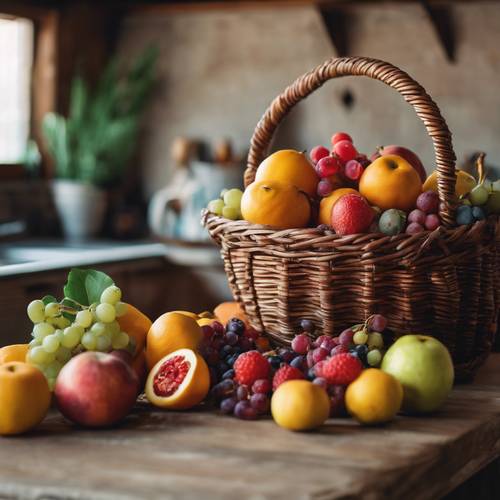 Sekelompok buah-buahan matang dan bersemangat dalam keranjang anyaman, ditempatkan di meja dapur pedesaan.