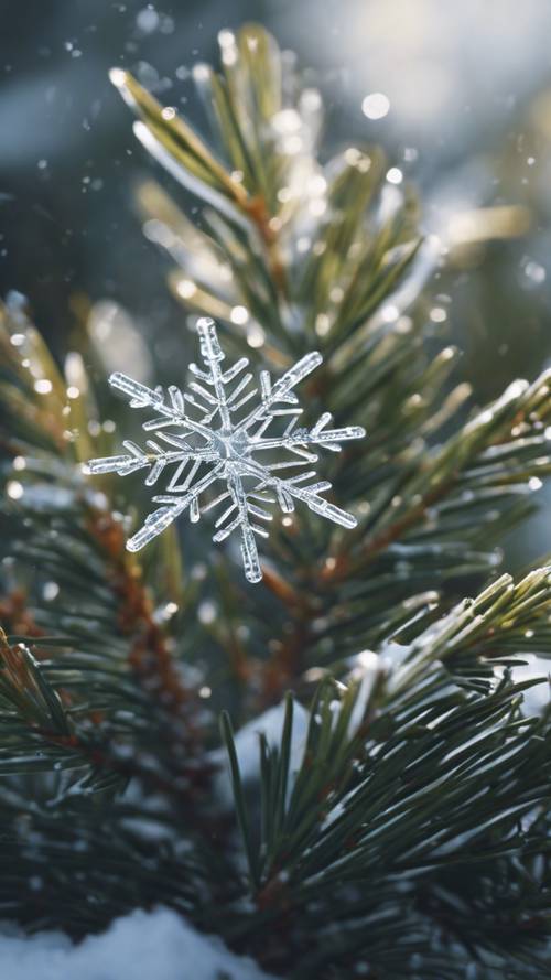 A snowflake resting on a pine needle. ផ្ទាំង​រូបភាព [b6b1f5a43ce7483bb7b4]