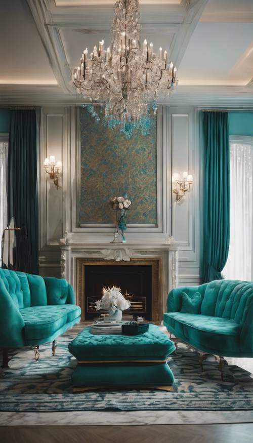 Ruang tamu modern yang didominasi oleh tirai damask berwarna biru kehijauan yang mewah.